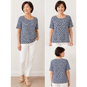 Talbots Petite XLp Navy White Medallion Print‎ Pima Cotton Knit Top Short Sleeve